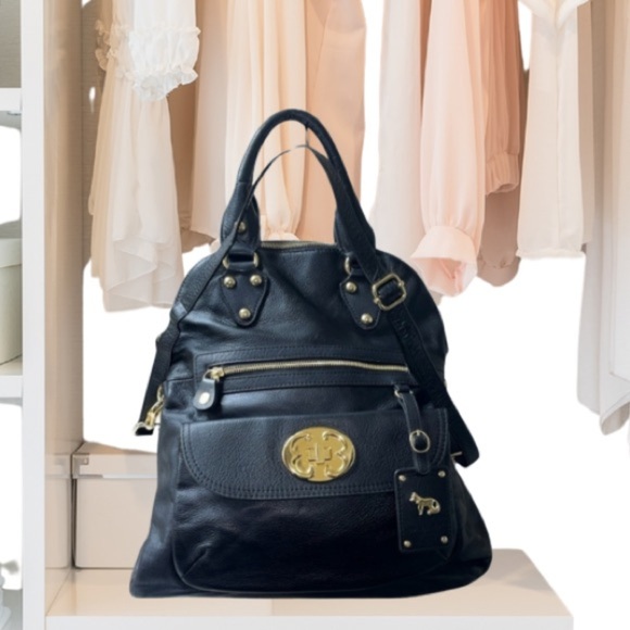 Emma Fox Black Leather Satchel Gold Hardware Convertible Shoulder Bag Purse Lg - Picture 2 of 15